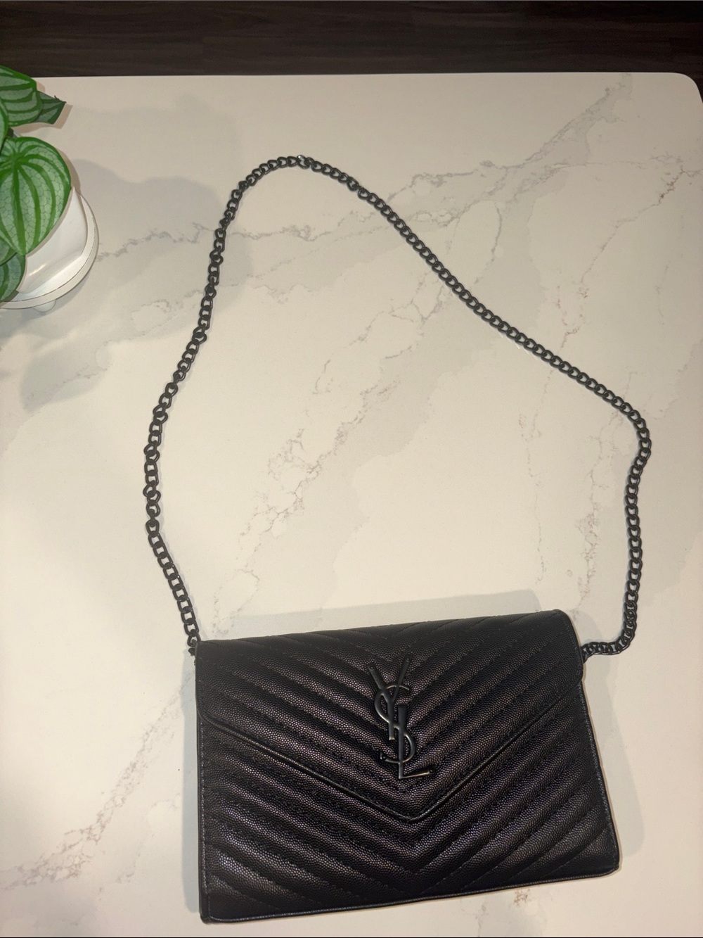 Saint Laurent Black Chevron Quilted Leather Crossbody with Chain
